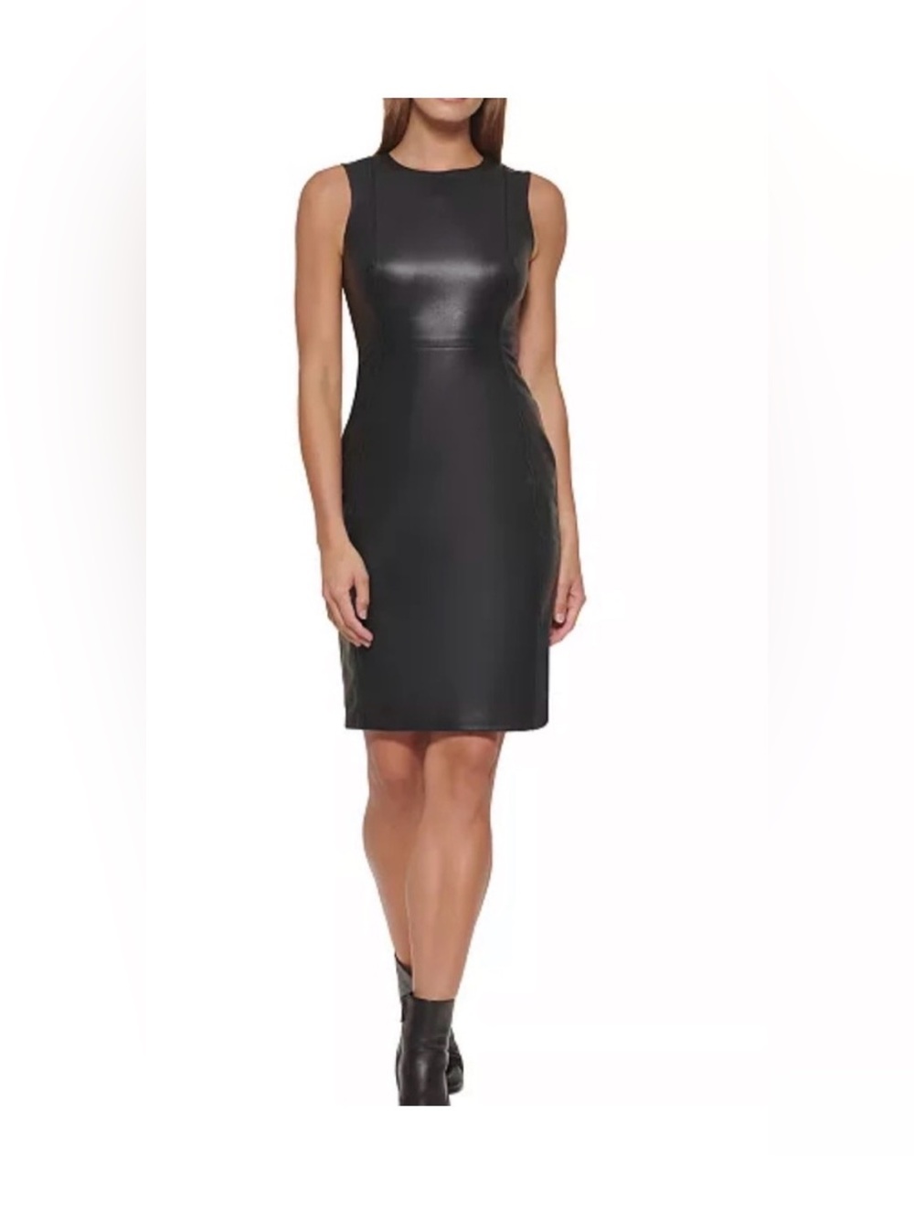 Calvin Klein Black Sleeveless Faux Leather Sheath Dress